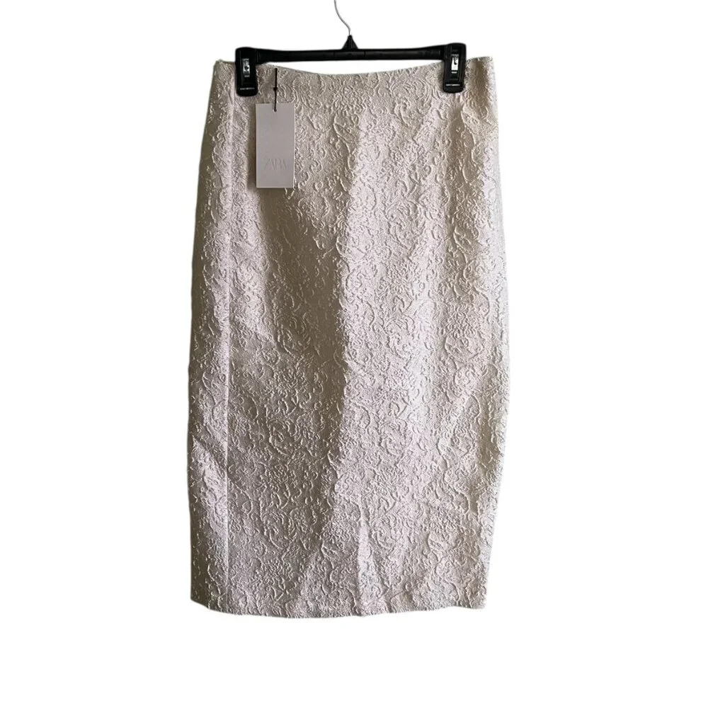 ZARA Textured Midi Pencil Skirt S Soft Gold | High Waist, Back Slit, Zip
